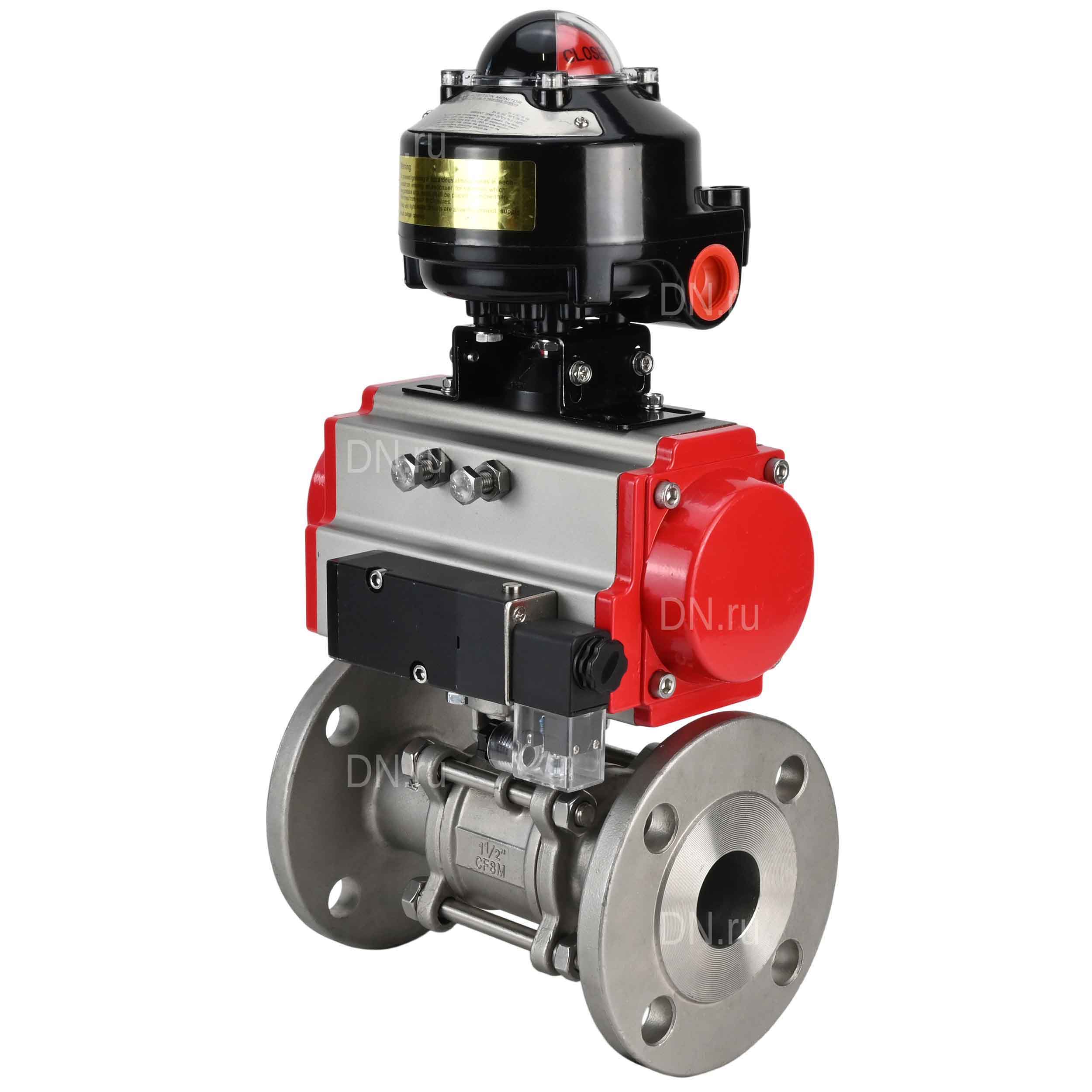 Кран шаровой DN.ru BV3131P(3pc)-FP-F-ISO-H Ду100 Ру16 фланцевый, полнопроходной, трехсоставной, корпус - нержавеющая сталь SS304, уплотнение - PTFE, с пн.приводом DN.ru PA-DA-130 пн.распределителем 4M310-08 220В и БКВ APL-510N-EX