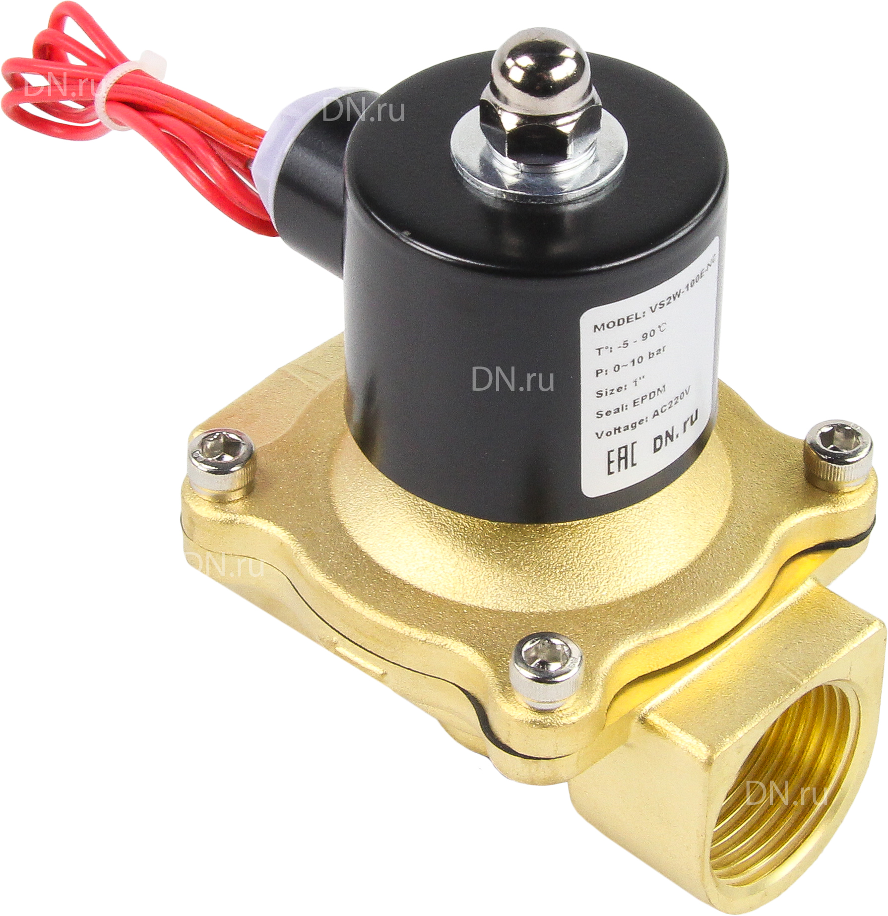 Клапан электромагнитный DN.ru VS100-ET-NC-220VAC 1″ Ду25 Ру10, соленоидный двухходовой, корпус - латунь, уплотнение - EPDM, резьбовой, нормально-закрытый, прямого действия, катушка - 220В