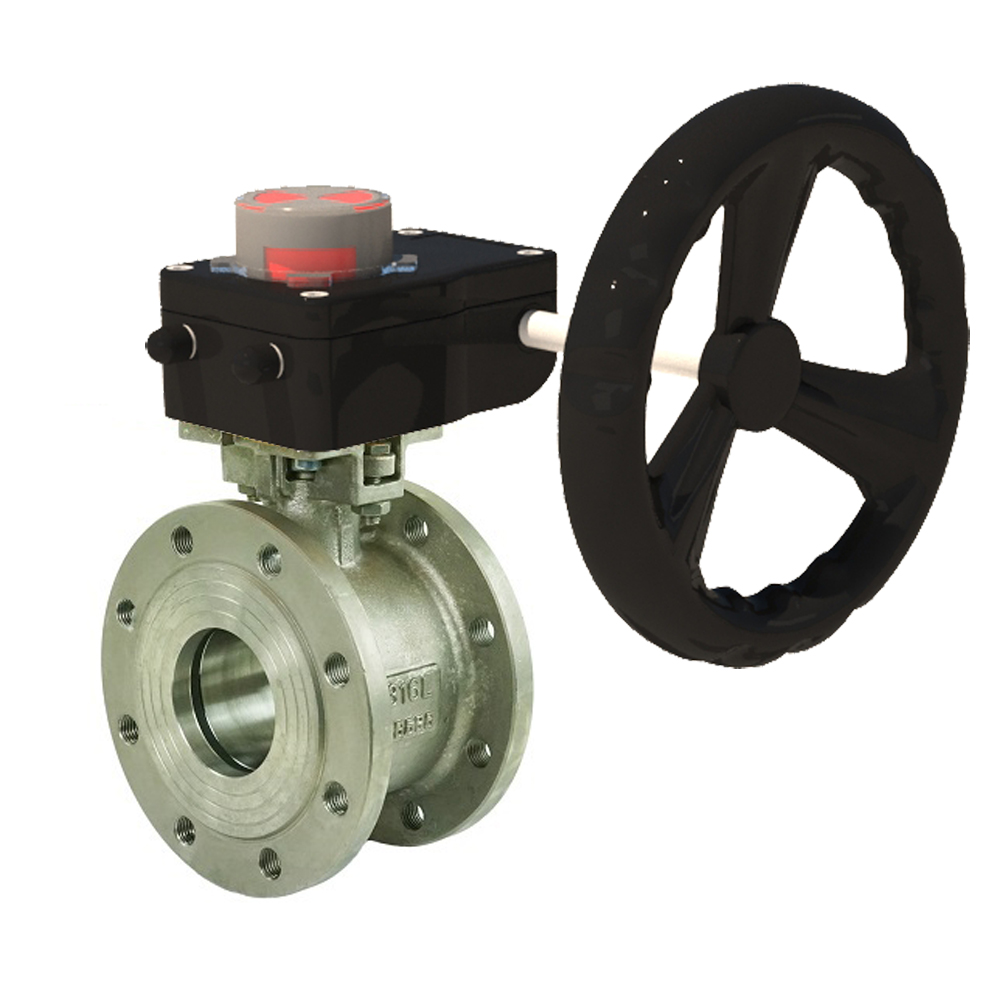 Кран шаровой DN.ru BV3232P-FP-Fb-ISO-H Ду100 Ру16 полнопроходной двухходовой, нержавеющая сталь, межфланцевый, уплотнение - PTFE, с ISO-фланцем и редуктором DN.ru HGB RQN3-680Z с индикатором положения