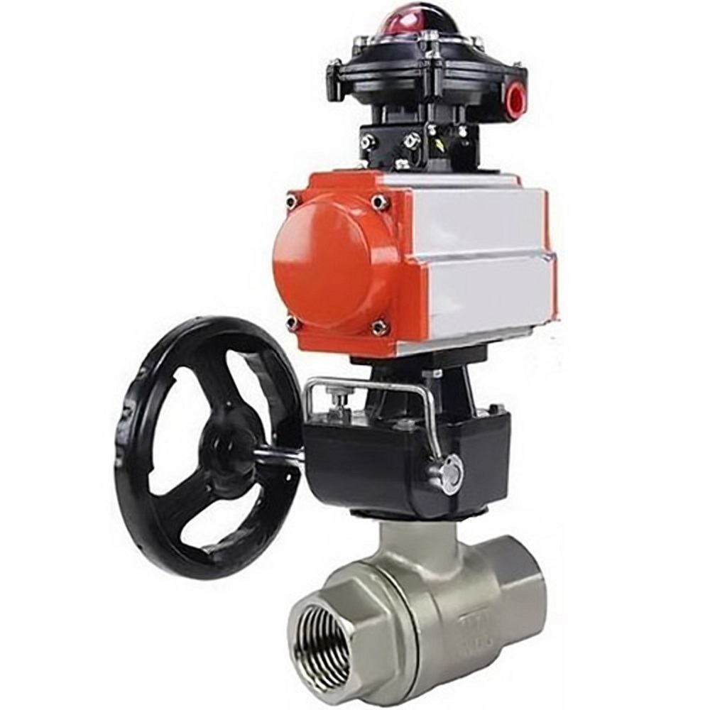 Кран шаровой DN.ru BV3232P(2pc)-FP-T-ISO-H 1/2“ Ду15 Ру63 полнопроходной двухходовой, нержавеющая сталь SS316, внутренняя резьба, уплотнение - PTFE, с пневмоприводом двойного действия DN.ru PA-DA-065, БКВ APL-410N EX и ручным дублером MON1-250-T26-ISO