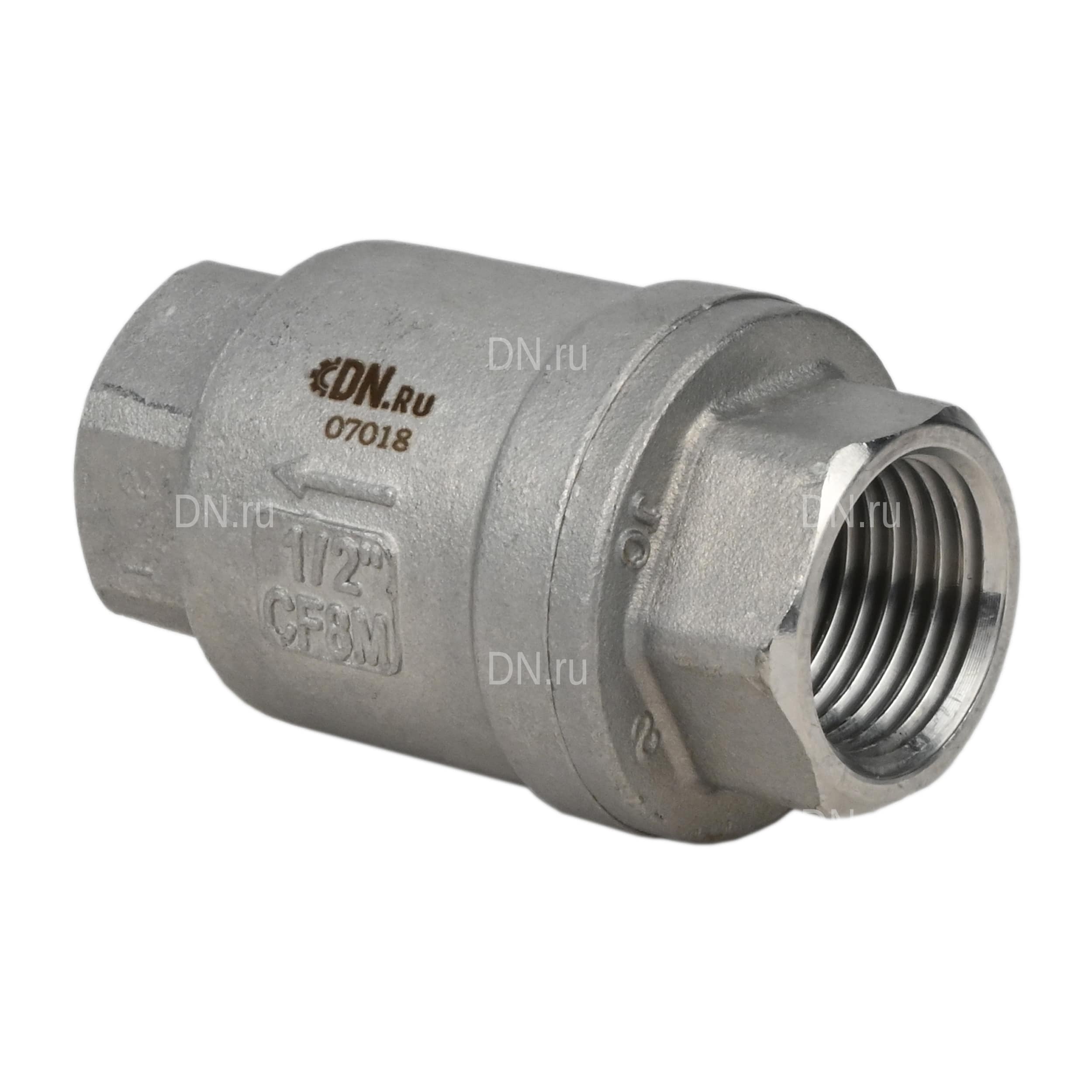 Клапан обратный DN.ru VCS3232P-T 1/2″ Ду15 Ру16 резьбовой, пружинный, корпус - нержавеющая сталь 316, диск - нержавеющая сталь 316, уплотнение - PTFE