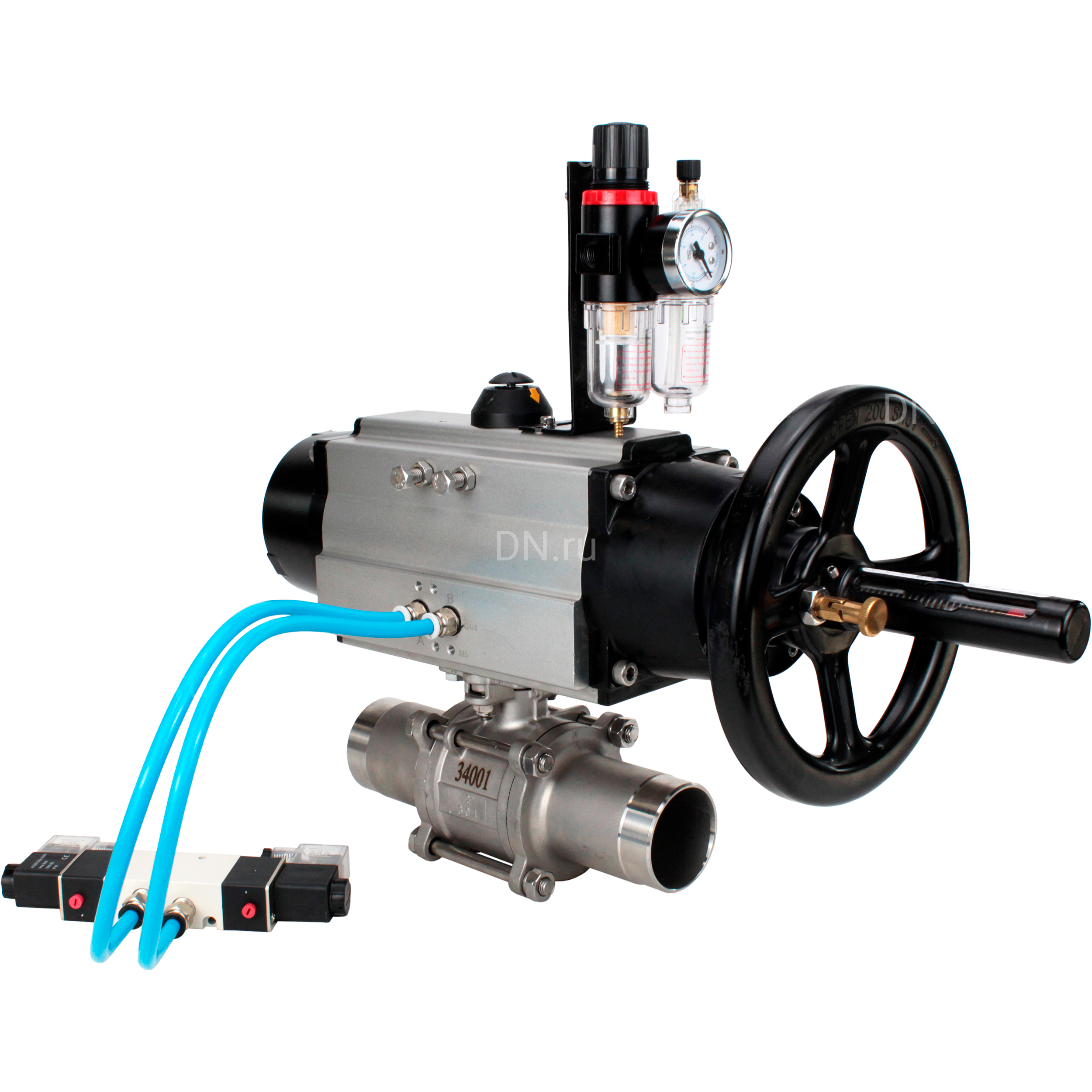 Кран шаровой DN.ru BV3131P(3pc)-FP-W-ISO-H LONG Ду100 Ру16, полнопроходной, трехсоставной, нержавеющая сталь 304, уплотнение - PTFE, под приварку, с пневмоприводом PA-DA-105-1, с пневмораспределителем 4V320-10 220В, БПВ AFC2000