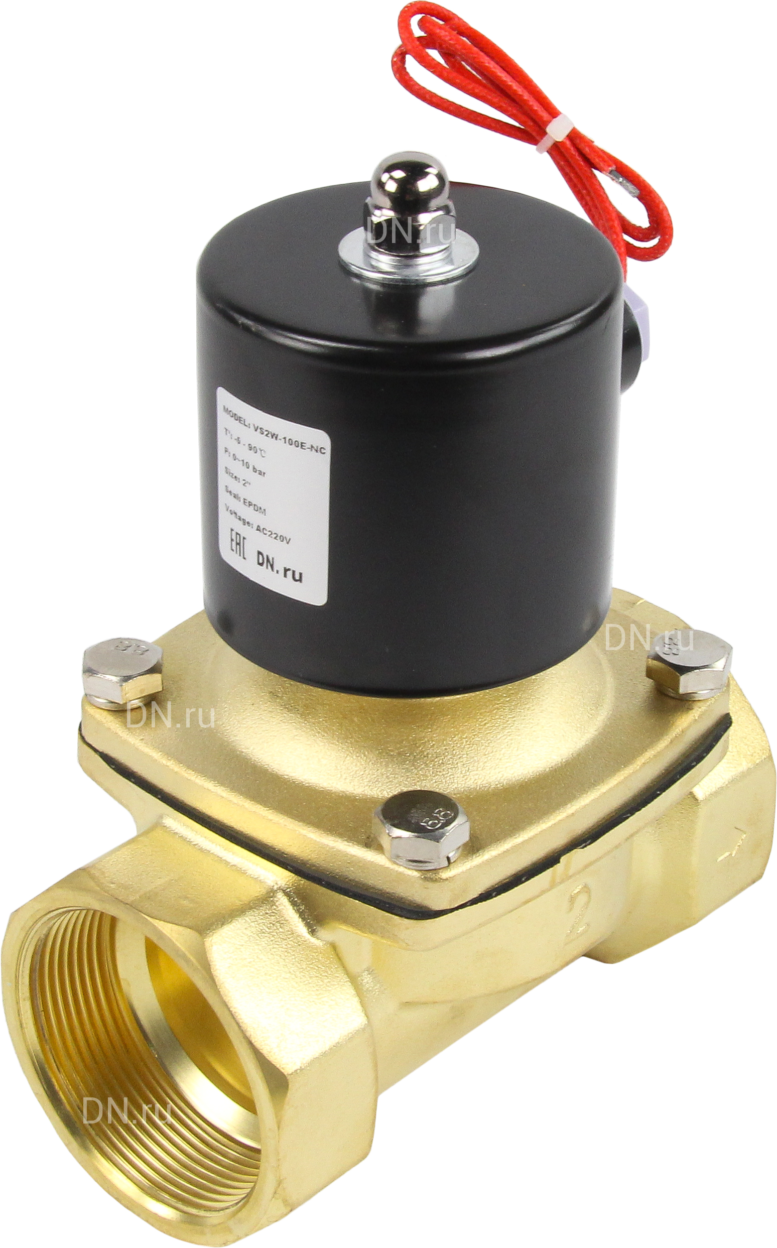 Клапан электромагнитный DN.ru VS100-ET-NC-220VAC 2″ Ду50 Ру10, соленоидный двухходовой, корпус - латунь, уплотнение - EPDM, резьбовой, нормально-закрытый, прямого действия, катушка - 220В