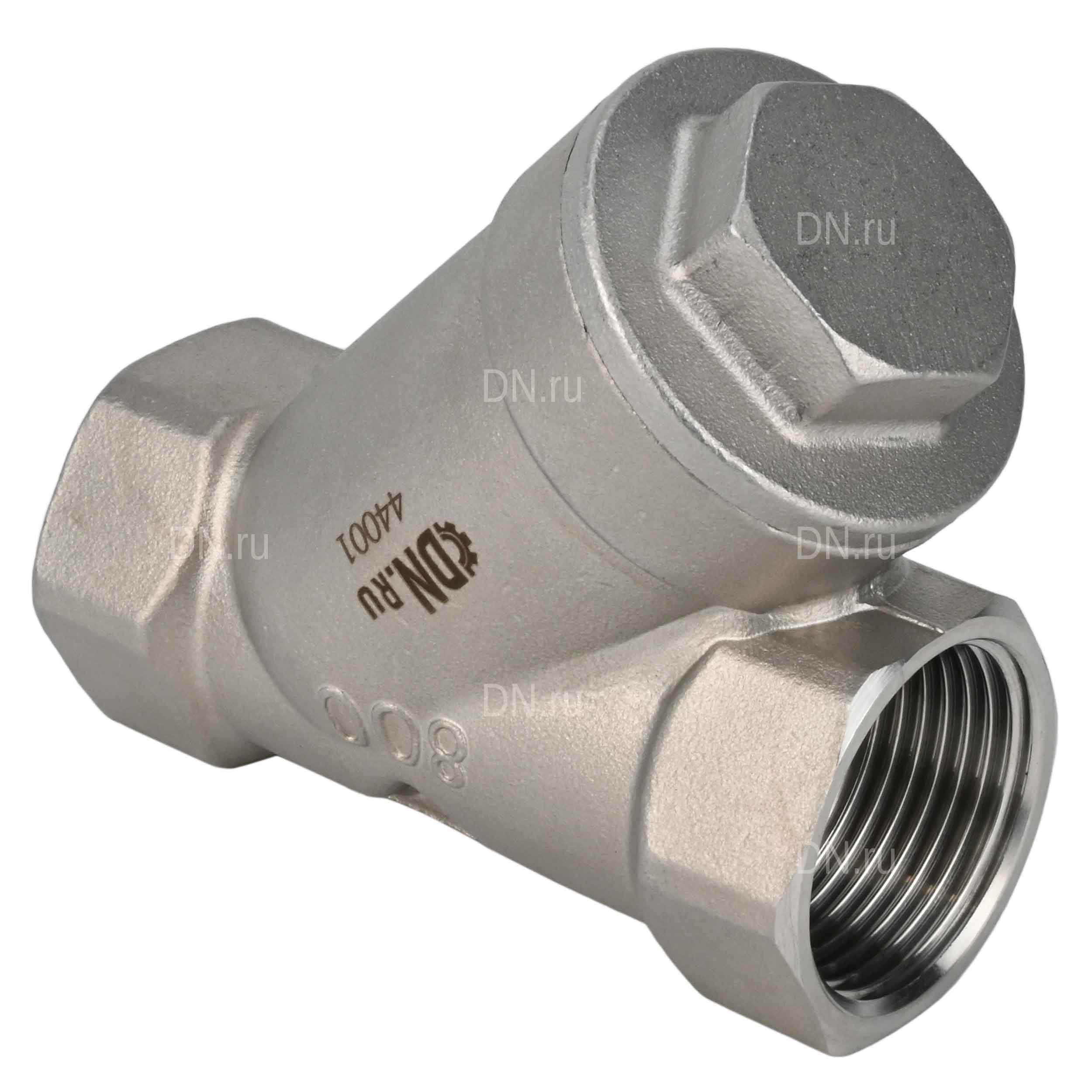 Клапан обратный DN.ru VCSY3131P-T 1/2″ Ду15 Ру40 Y-образный, резьбовой, пружинный, корпус - нержавеющая сталь 304, диск - нержавеющая сталь 304, уплотнение - PTFE
