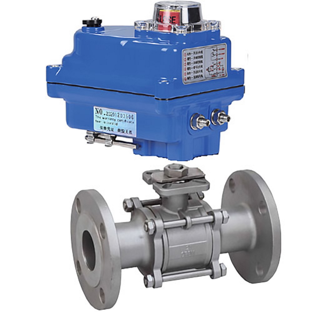 Кран шаровой DN.ru BV3131P(3pc)-FP-F-ISO-H Ду15 Ру40 трехсоставной из нержавеющей стали SS304, фланцевый, уплотнение - PTFE, полнопроходной с электроприводом DN.ru QT-N-003EM-O1-220VAC-У1 blue