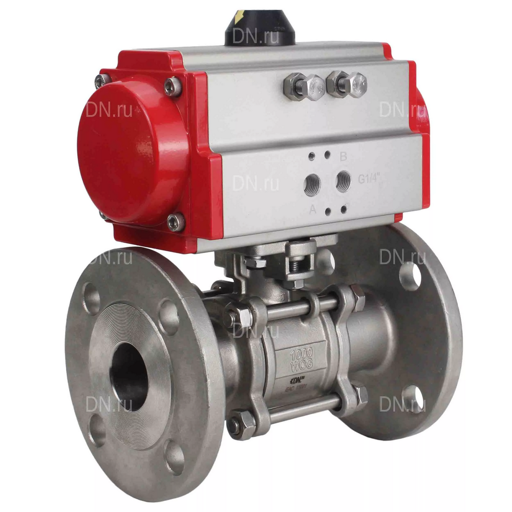 Кран шаровой DN.ru BV3131P(3pc)-FP-F-ISO-H Ду100 Ру16 трехсоставной из нержавеющей стали SS304, фланцевый, уплотнение - PTFE, полнопроходной с пневмоприводом DN.ru PA-SA-160 с возвратными пружинами
