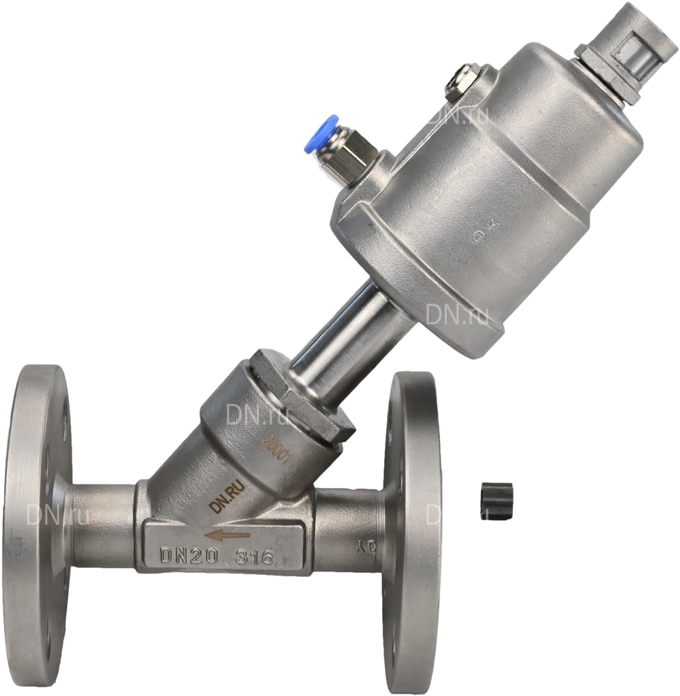 Клапан отсечной пневматический DN.ru VSP3232PV-F-1PNC Ду20 Ру16, корпус - нержавеющая сталь SS316, фланцевый, Y-образный, корпус привода - нержавеющая сталь CF8M