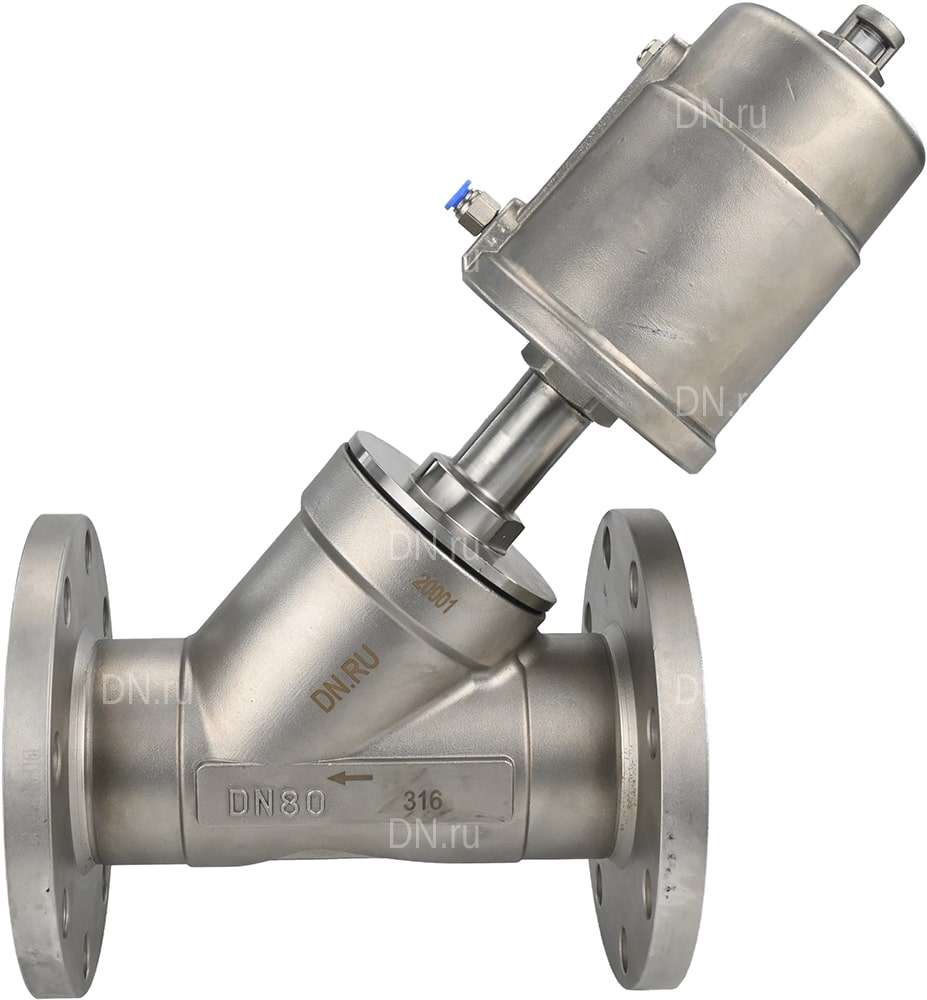 Клапан отсечной пневматический DN.ru VSP3232PV-F-1PNC Ду100 Ру16, корпус - нержавеющая сталь SS316, фланцевый, Y-образный, корпус привода - нержавеющая сталь CF8M