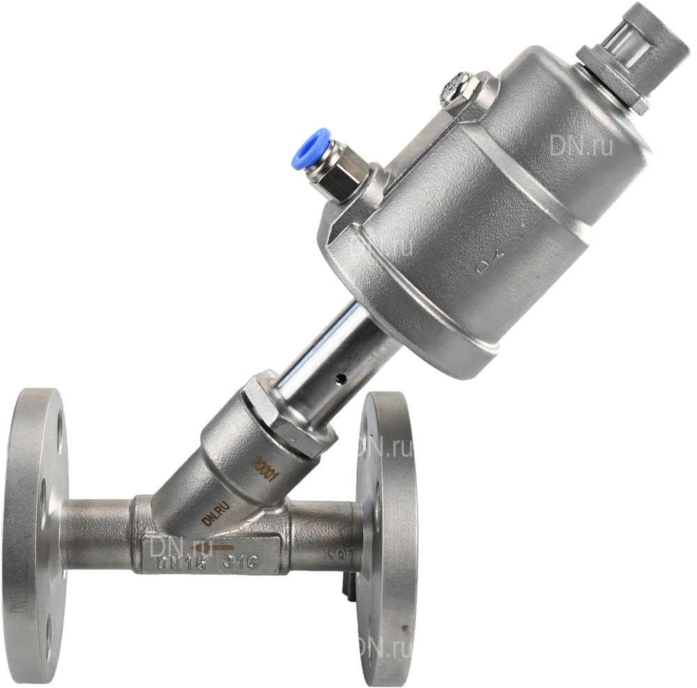 Клапан отсечной пневматический DN.ru VSP3232PV-F-1PNC Ду15 Ру16, корпус - нержавеющая сталь SS316, фланцевый, Y-образный, корпус привода - нержавеющая сталь CF8M