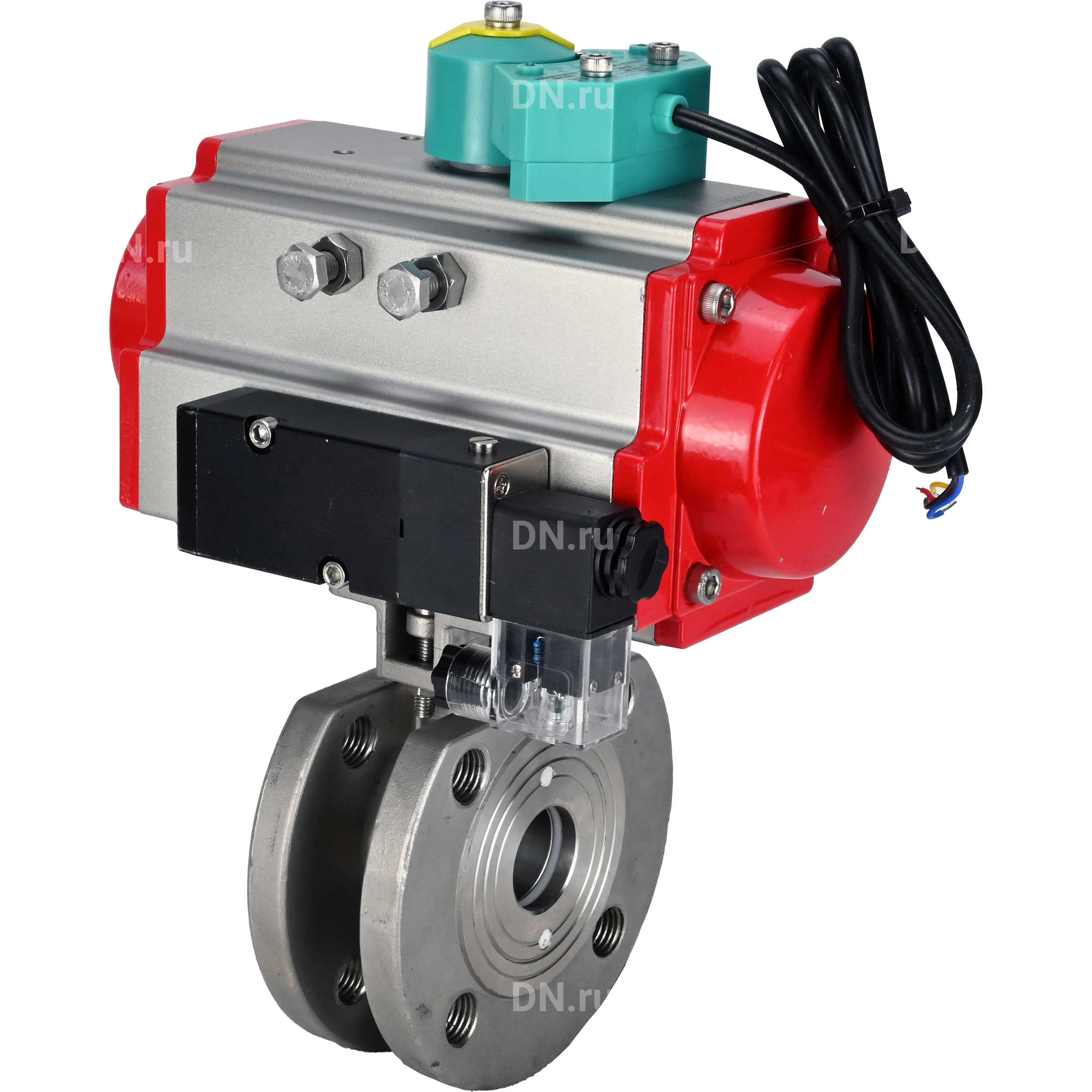 Кран шаровой DN.ru BV3232P-FP-Fb-ISO-H Ду100 Ру16 полнопроходной, межфланцевый, корпус - нержавеющая сталь 316, уплотнение - PTFE, с пневмоприводом PA-DA-105, пневмораспределителем 4M310-08 220В и магнитным переключателем ALS200D