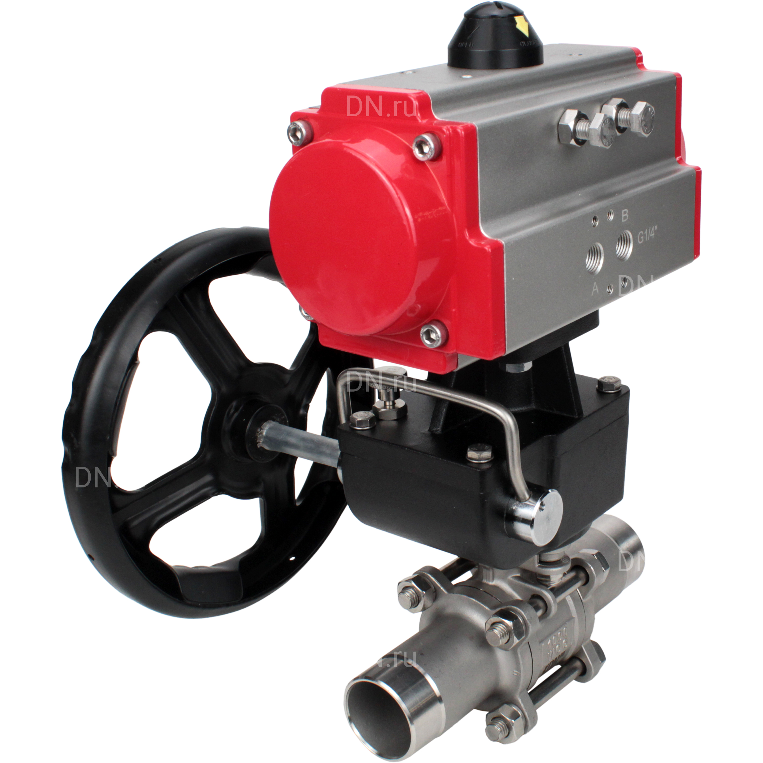 Кран шаровой DN.ru BV3131P(3pc)-FP-W-ISO-H LONG Ду100 Ру16 полнопроходной, корпус - нержавеющая сталь 304, уплотнение - PTFE, под приварку, с пневмоприводом DN.ru PA-DA-105 и редуктором DN.ru MON3-700-T38-ISO