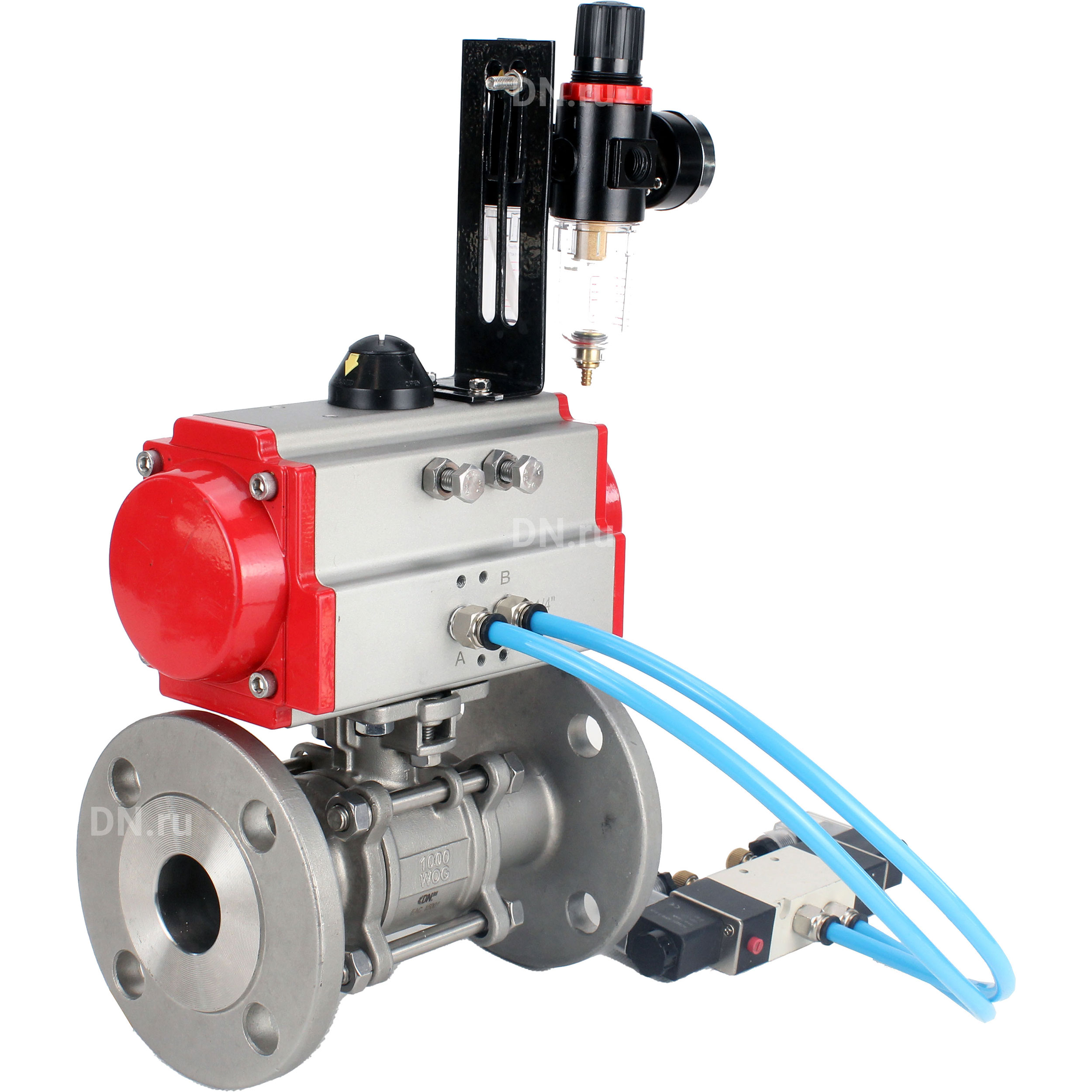 Кран шаровой DN.ru BV3131P(3pc)-FP-F-ISO-H Ду100 Ру16, трехсоставной полнопроходной фланцевый, нержавеющая сталь SS304, уплотнение - PTFE, с пневмоприводом PA-DA-130 двойного действия, с пневмораспределителем 4V320-08 220В, с БПВ AFC2000