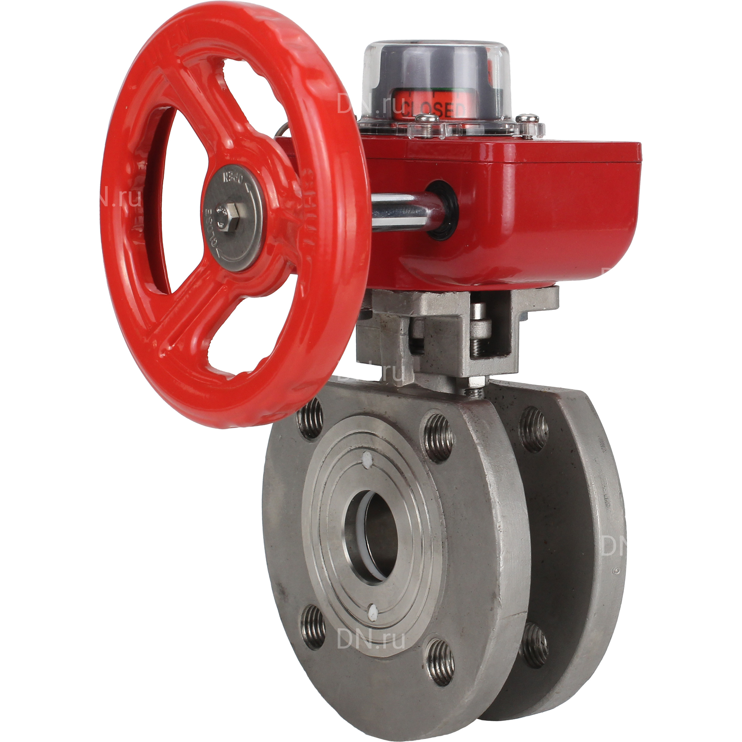Кран шаровой DN.ru BV3232P-FP-Fb-ISO-H Ду100 Ру16 полнопроходной двухходовой, нержавеющая сталь, межфланцевый, уплотнение - PTFE, с ISO-фланцем и редуктором DN.ru HGBF RQN3-680Z с индикатором положения и датчиком обратной связи