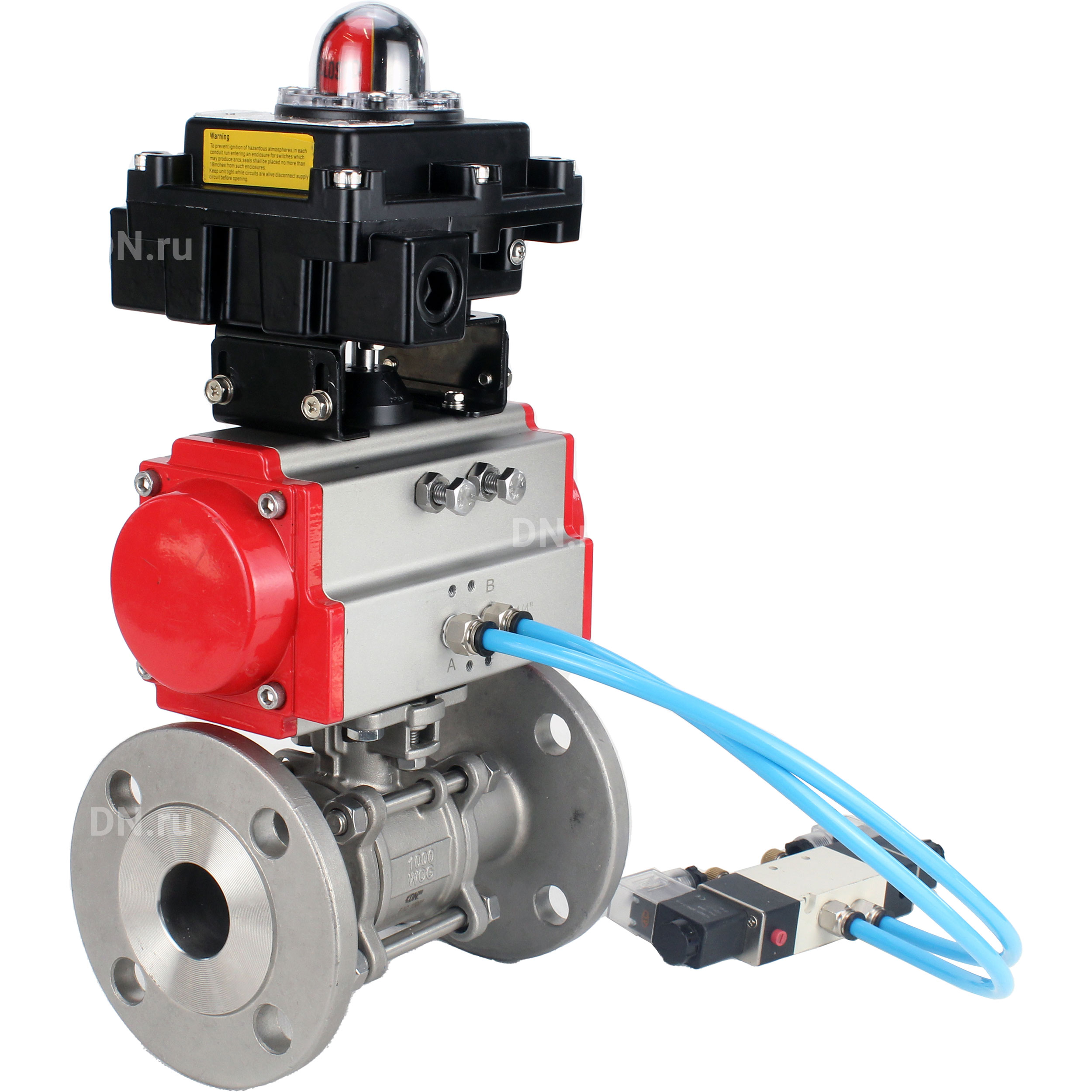 Кран шаровой DN.ru BV3131P(3pc)-FP-F-ISO-H Ду100 Ру16, трехсоставной полнопроходной фланцевый, нержавеющая сталь SS304, уплотнение - PTFE, с пневмоприводом PA-DA-130 двойного действия, с пневмораспределителем 4V320-08 220В, с БКВ APL-410N EX