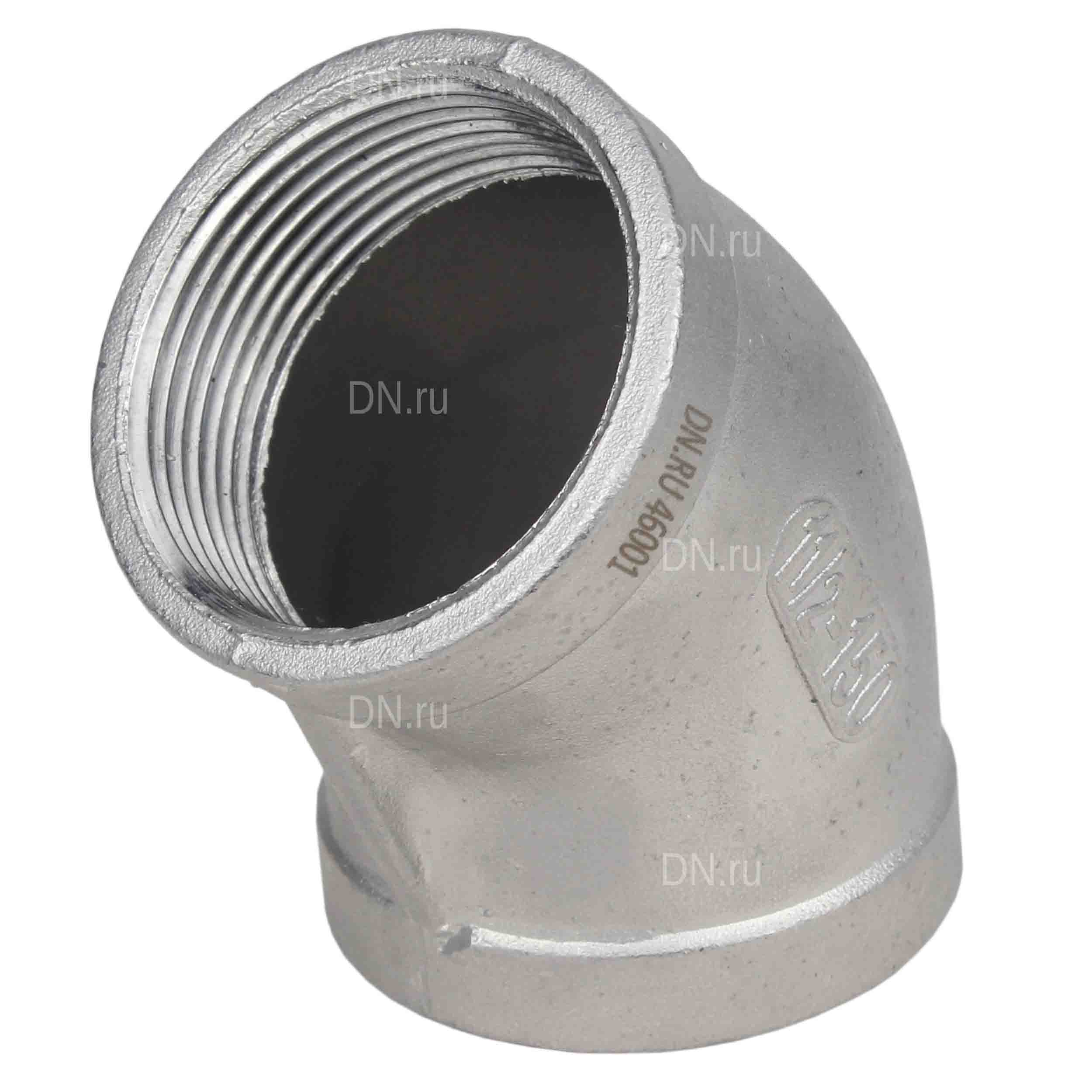 Отвод (полуотвод) DN.ru ВР-ВР-304 1 1/2″ Ду40 Ру16 угол 45°, корпус - нержавеющая сталь 304, присоединение - внутренняя / внутренняя резьба