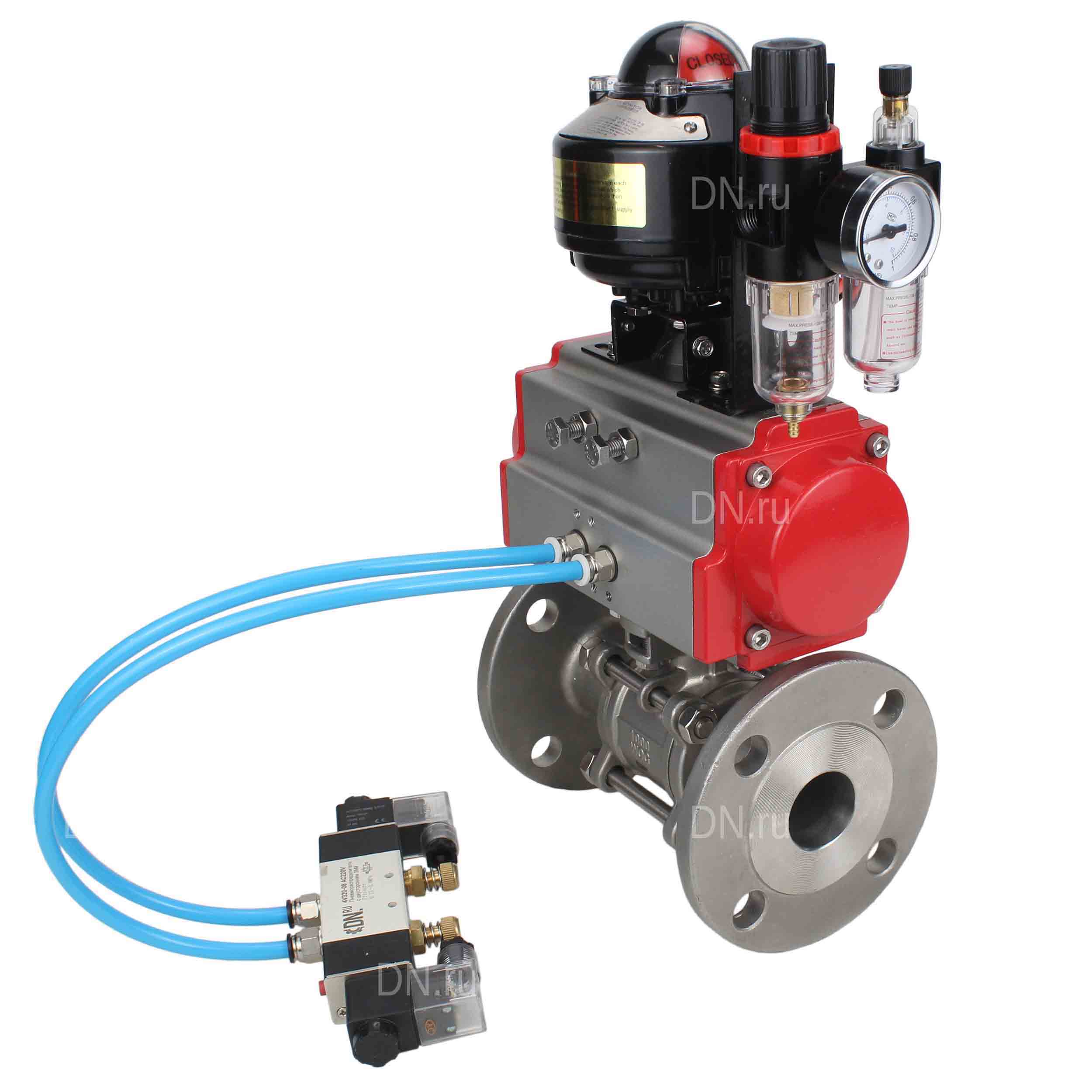 Кран шаровой DN.ru BV3131P(3pc)-FP-F-ISO-H Ду100 Ру16 фланцевый, полнопроходной, трехсоставной, корпус - нерж. сталь SS304, уплотнение - PTFE, с пн.приводом DN.ru PA-DA-130 пн.распределителем 4V320-08 БПВ AFC2000 БКВ APL-510N-EX