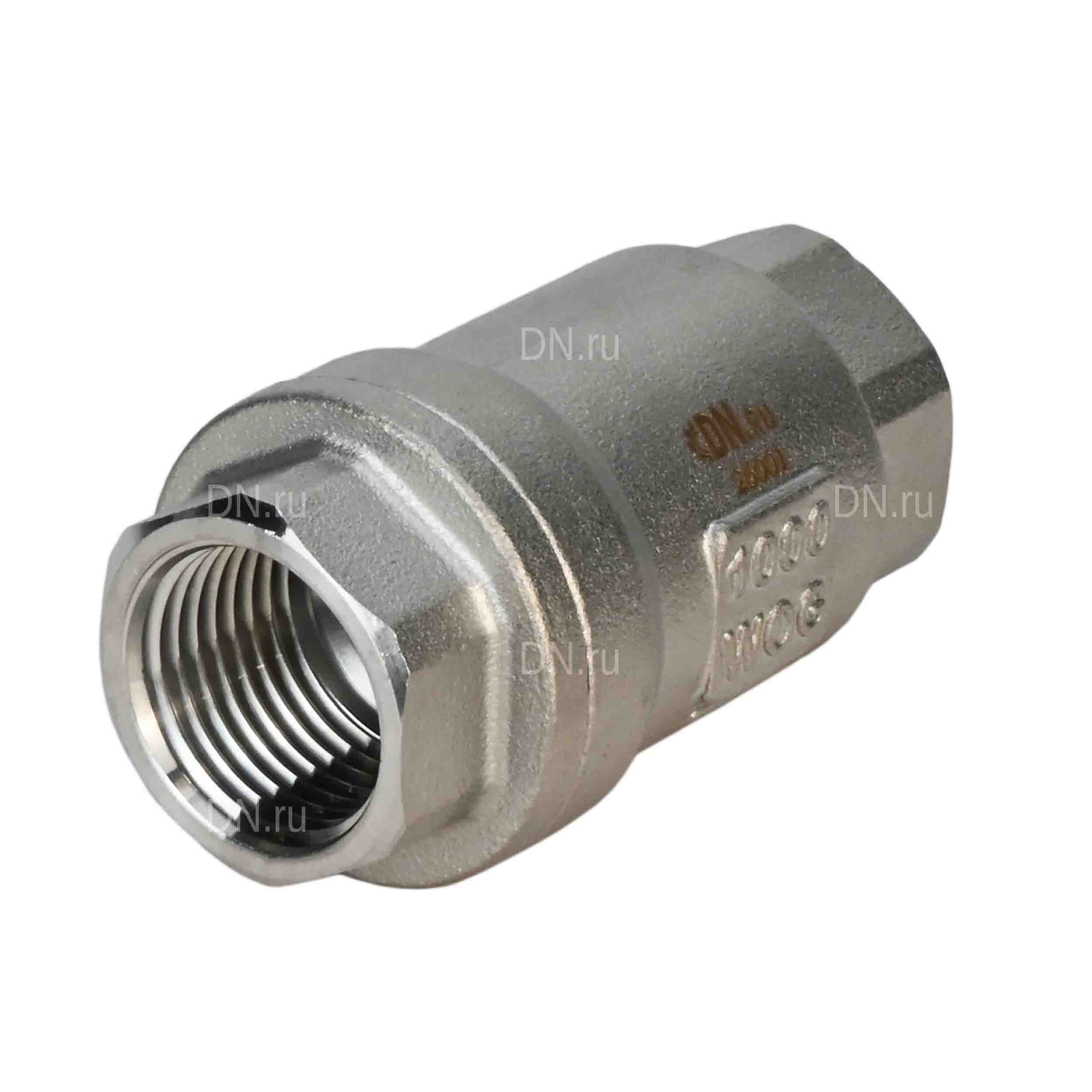 Клапан обратный DN.ru VCS3232P-T 1/2″ Ду15 Ру63 резьбовой, пружинный, корпус - нержавеющая сталь 316, диск - нержавеющая сталь 316, уплотнение - PTFE