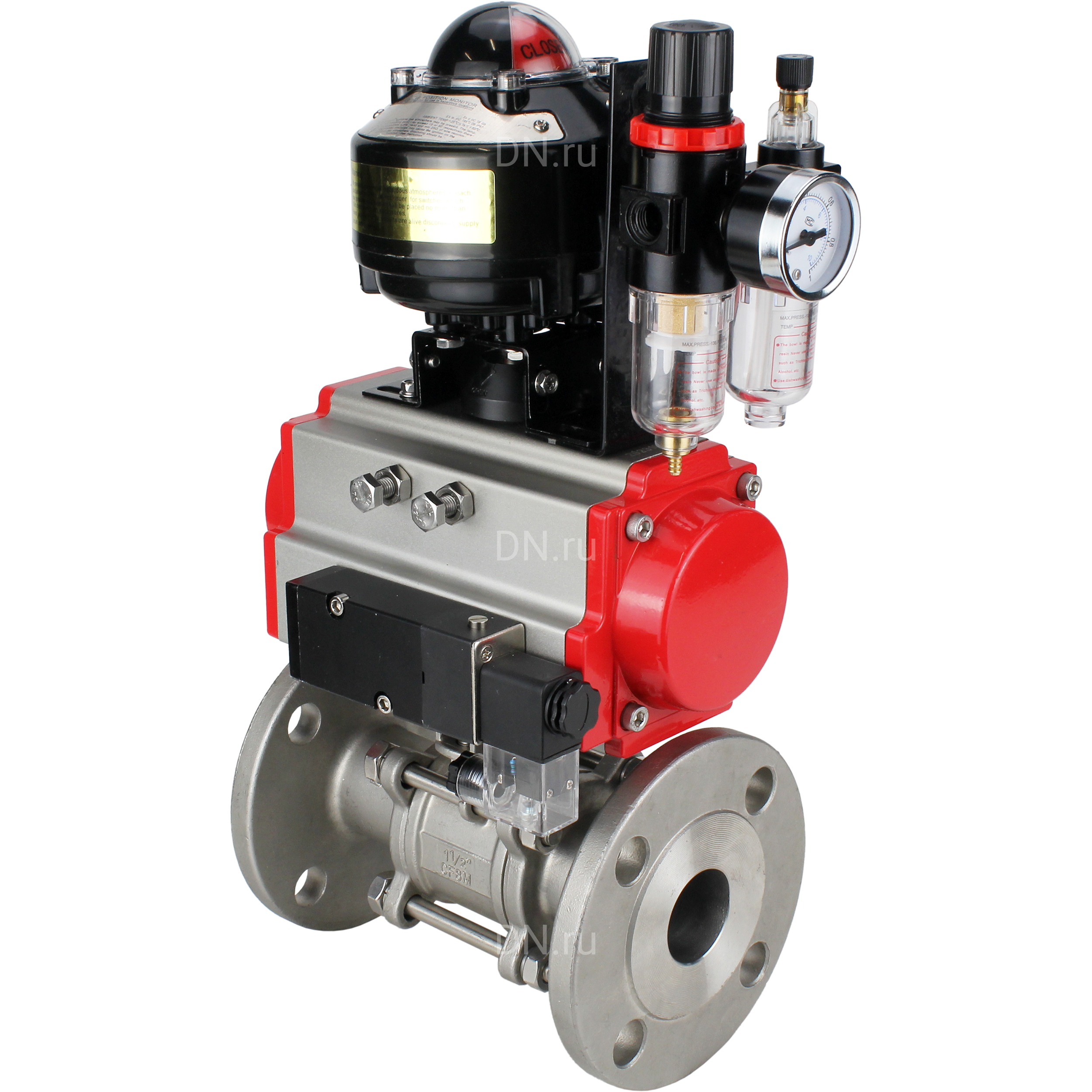 Кран шаровой DN.ru BV3131P(3pc)-FP-F-ISO-H Ду100 Ру16 фланцевый, полнопроходной, трехсоставной, корпус - нерж. сталь SS304, уплотнение - PTFE, с пн.приводом DN.ru PA-DA-130 пн.распределителем 4M310-08 220В БПВ AFC2000 БКВ APL-510N-EX