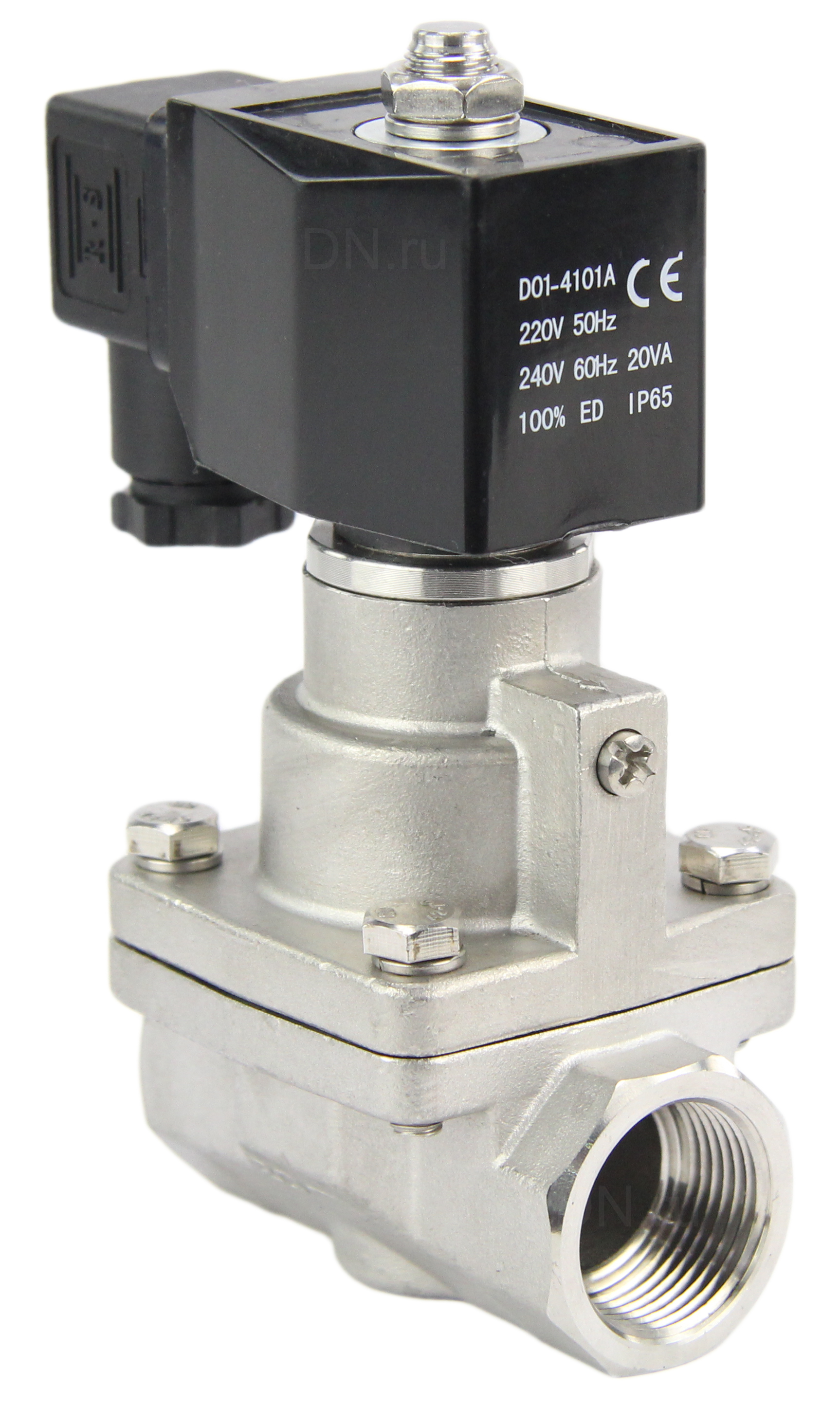 Клапан электромагнитный DN.ru VS1031-PT-NC-220VAC 1 1/2″ Ду40 Ру0.4-16 соленоидный двухходовой поршневой, корпус - нержавеющая сталь 304, уплотнение - PTFE, резьбовой, пилотного действия, нормально закрытый, катушка - 220В