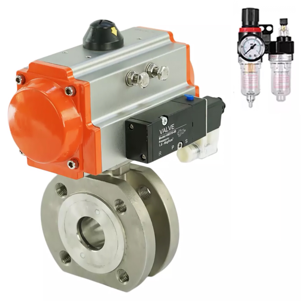 Кран шаровой DN.ru BV3232P-FP-Fb-ISO-H Ду100 Ру16, межфланцевый, полнопроходной, корпус - нержавеющая сталь 316, уплотнение - PTFE, с пневмоприводом PA-DA-083 двойного действия, пневмораспределителем 4V320-10 220В, с БПВ AFC2000