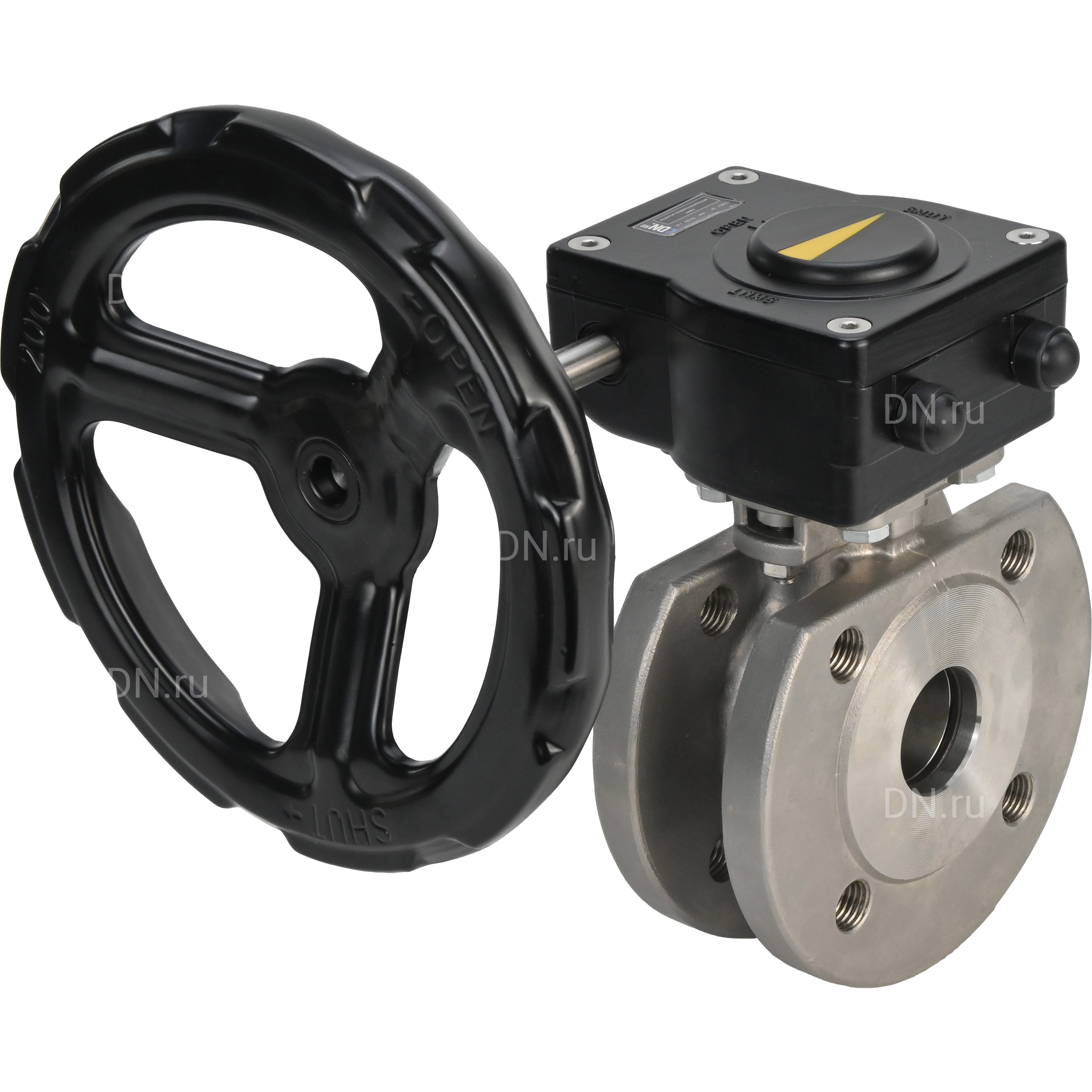 Кран шаровой DN.ru BV3232P-FP-Fb-ISO-H Ду100 Ру16 полнопроходной двухходовой, нержавеющая сталь, межфланцевый, уплотнение - PTFE, с ISO-фланцем и редуктором DN.ru HAM RQN-Z