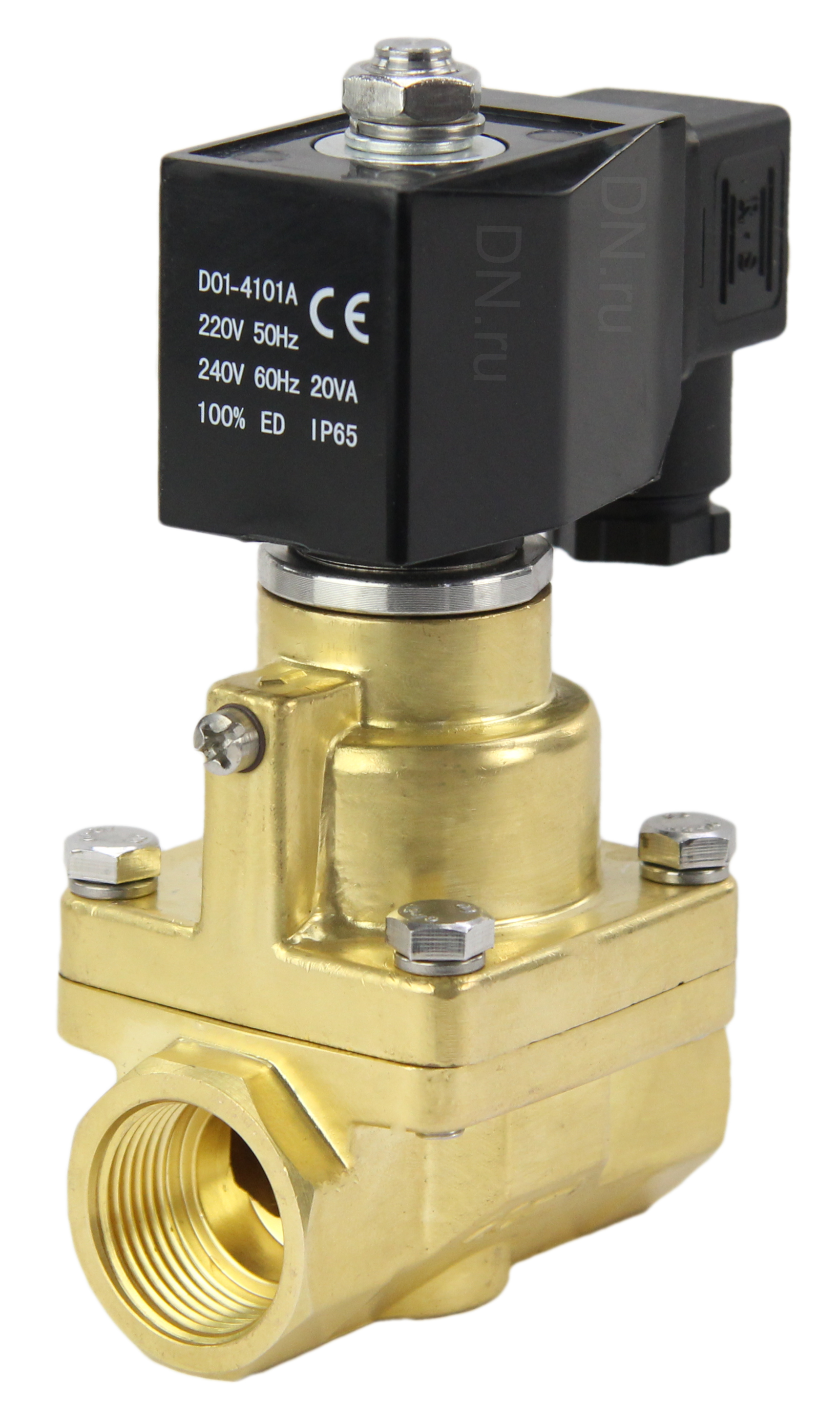 Клапан электромагнитный DN.ru VS1000-PT-NC-220VAC 1 1/2″ Ду40 Ру0.4-16 соленоидный двухходовой поршневой, корпус - латунь, уплотнение - PTFE, резьбовой, пилотного действия, нормально закрытый, катушка - 220В